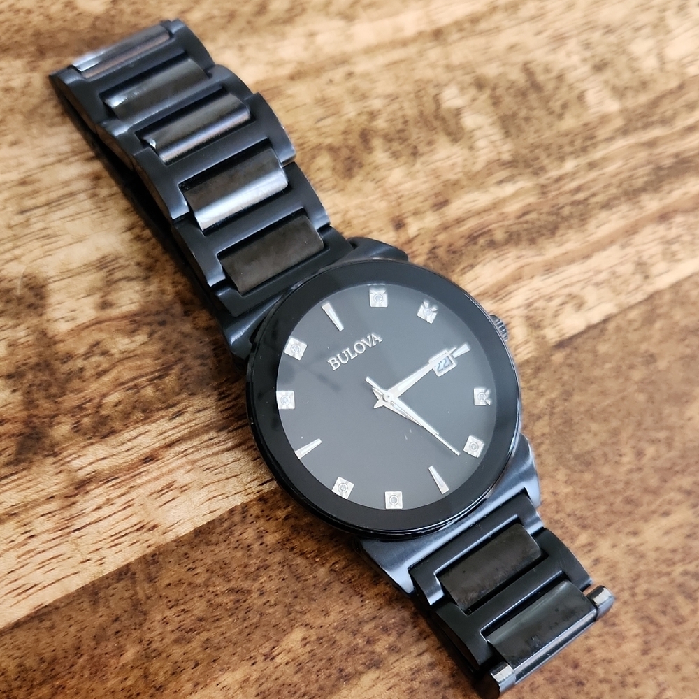 {Bulova} Diamond Men's Black Dial Stainless Steel Watch